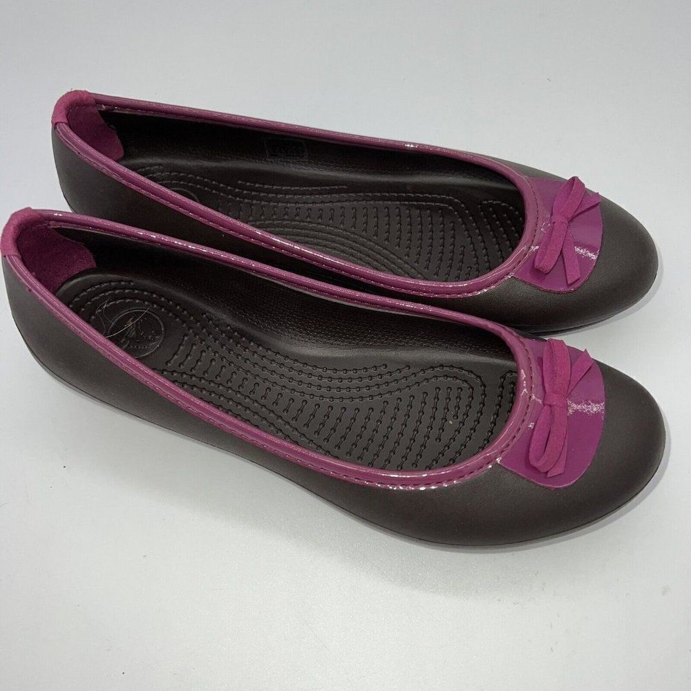 Crocs Logo Brown Pink Casual BowโToe Slip On Flats Shoes Women's 9